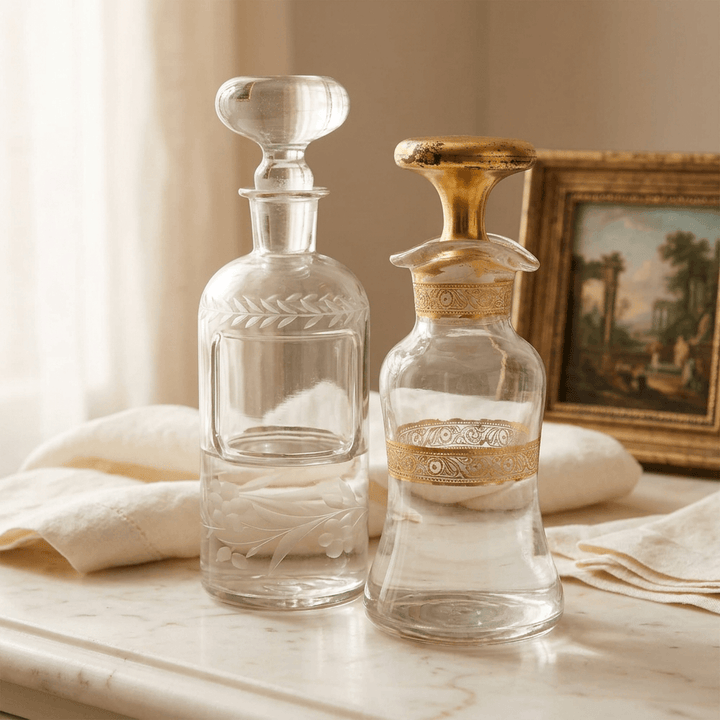 Two antique Victorian rose water bottles with clear and gold-decorated stoppers styled on a pale marble dressing table.