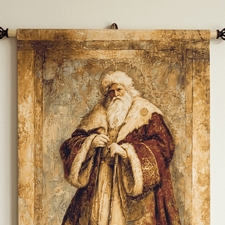 Close view of the Father Christmas portrait on the canvas wall scroll, showing his white beard and burgundy and gold robes.
