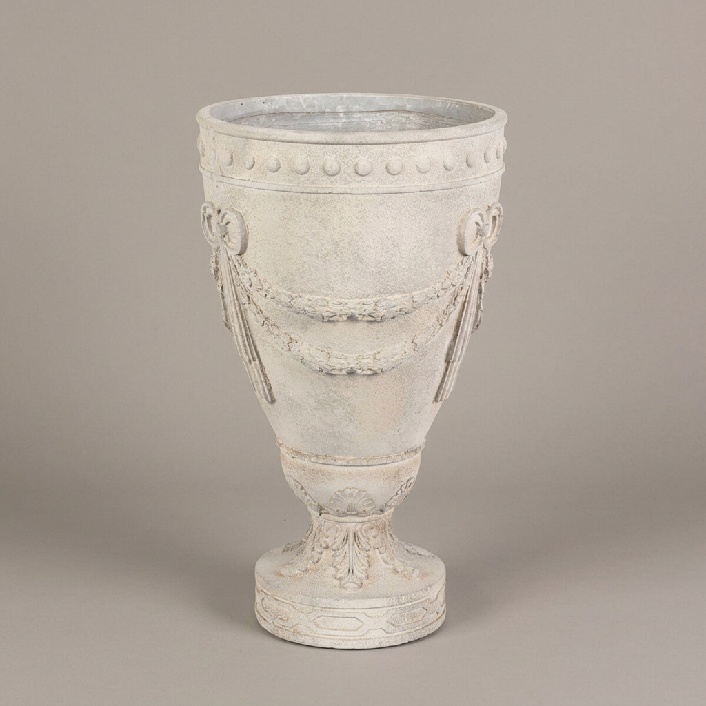 Full view of the ivory Florentine Floral Urn Planter showing floral garlands, medallions, and an ornate circular pedestal against a neutral background.