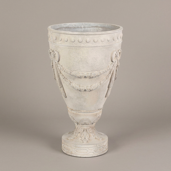 Full view of the ivory Florentine Floral Urn Planter showing floral garlands, medallions, and an ornate circular pedestal against a neutral background.