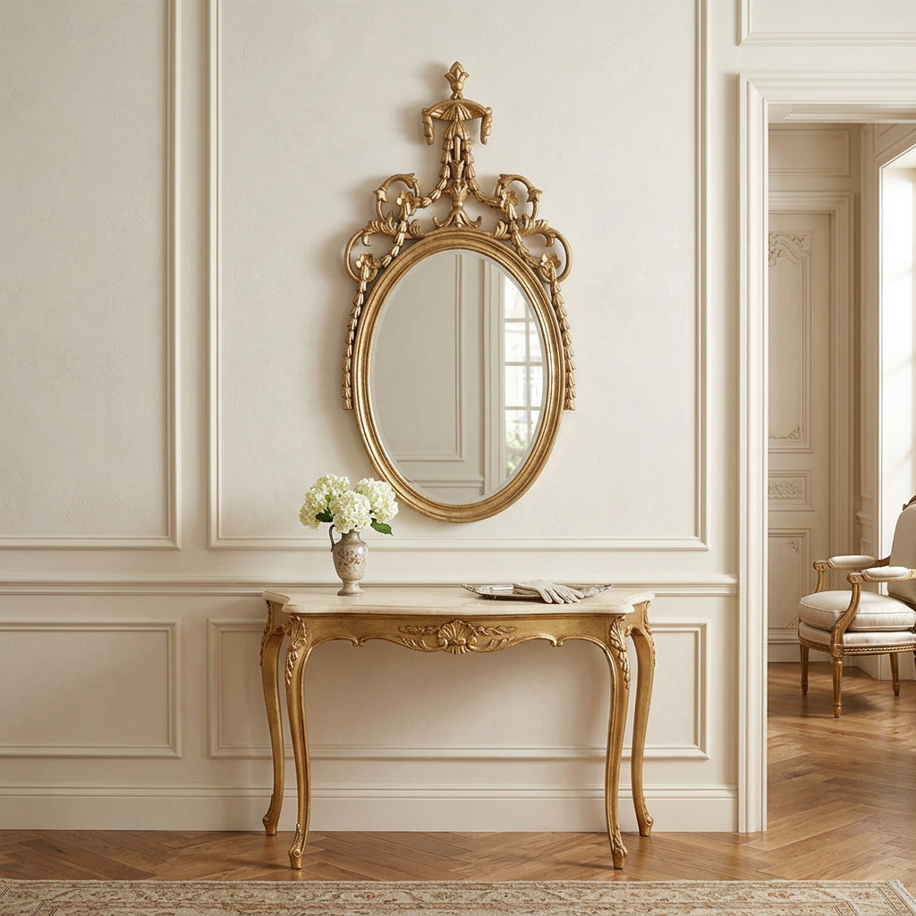 Antoinette Soft Gold Oval Wall Mirror above a slender French-style console in an ivory paneled entryway.