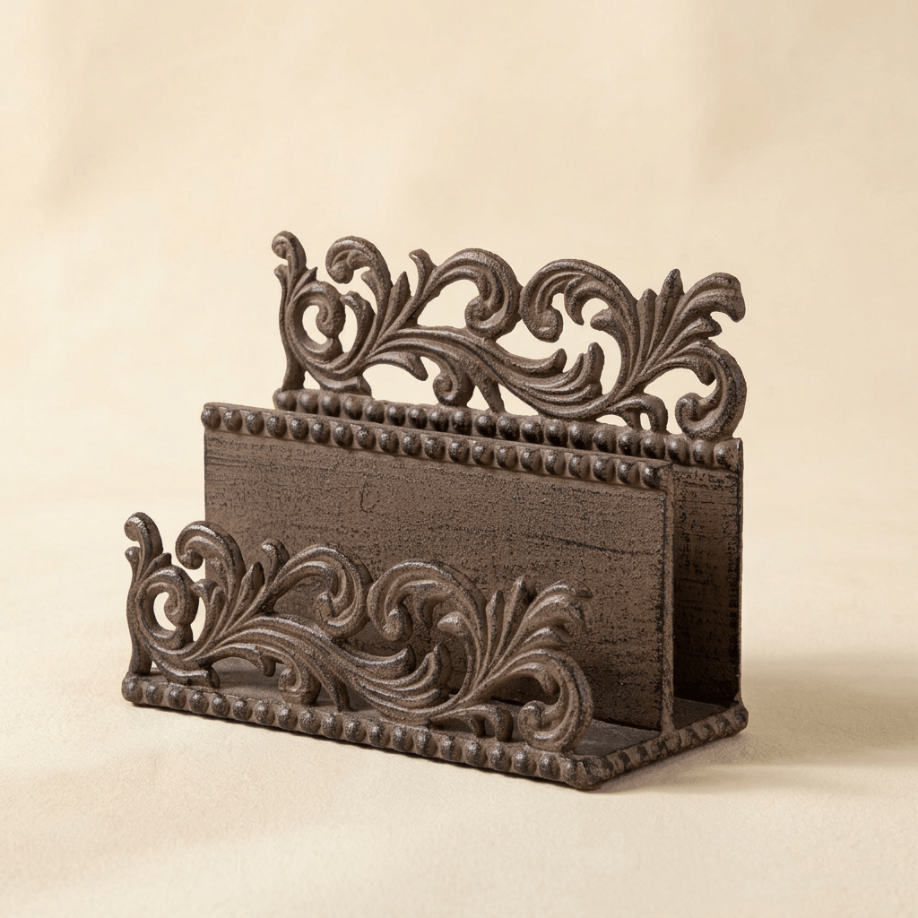 Bellavita Letter Holder in dark bronze-brown cast metal with openwork acanthus scrollwork and beaded trim, on a cream studio backdrop