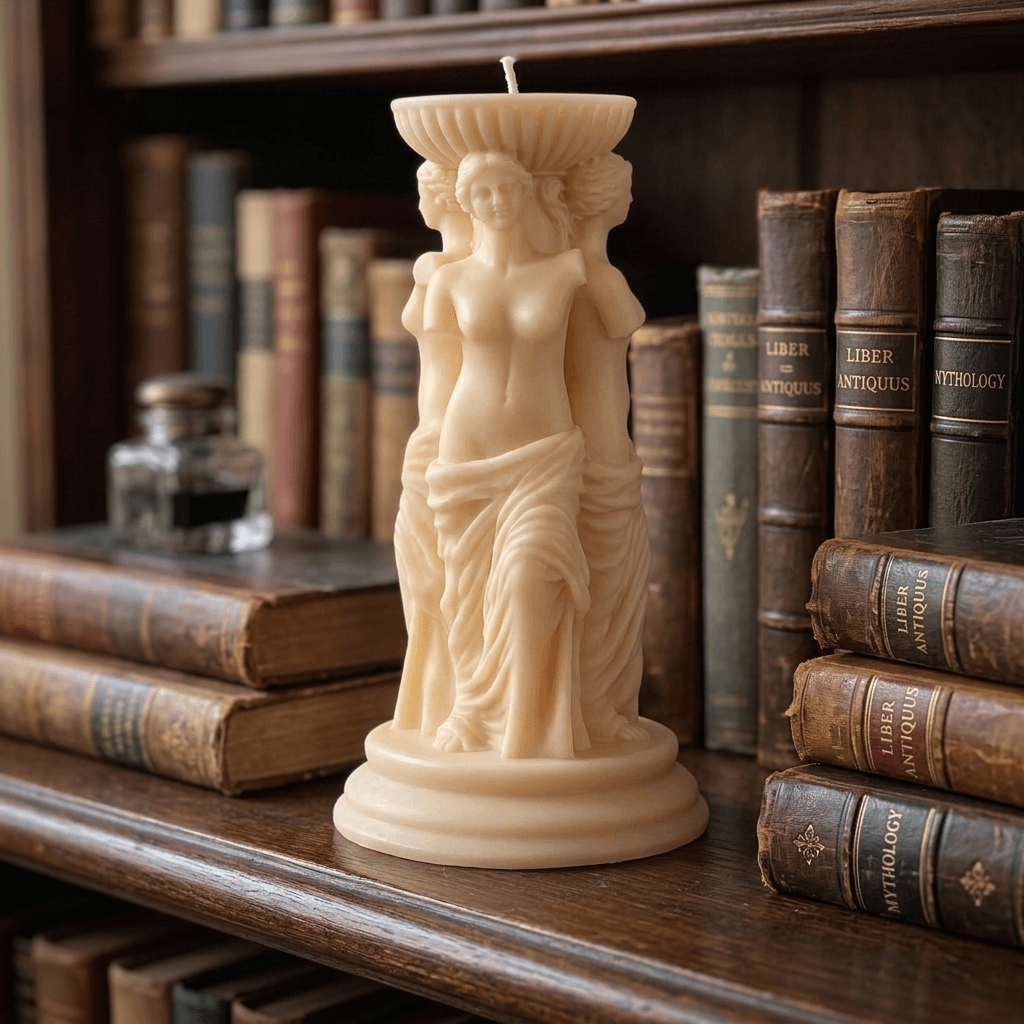 Ivory goddess trio sculptural candle styled beside antique books on a dark wood library shelf.