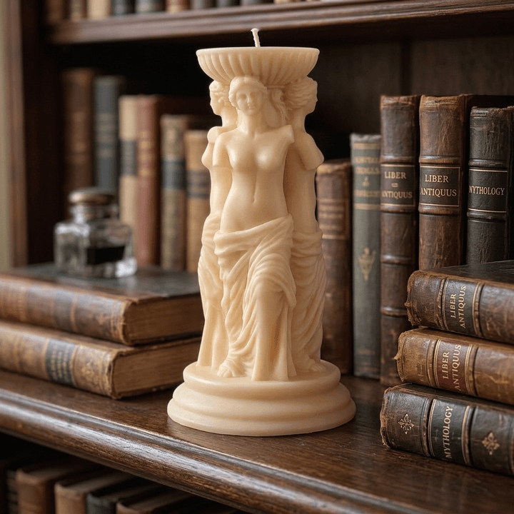 Ivory goddess trio sculptural candle styled beside antique books on a dark wood library shelf.