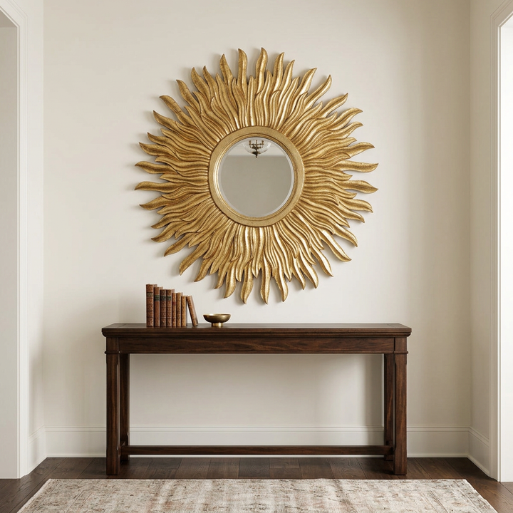 Aurelia Gold Sunburst Wall Mirror styled above a dark walnut console in an ivory entryway.
