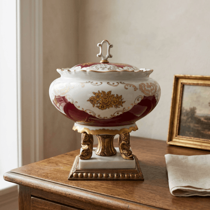 Antique burgundy and gold porcelain lidded bowl with dolphin feet and a marble base styled on a wooden dining room sideboard.