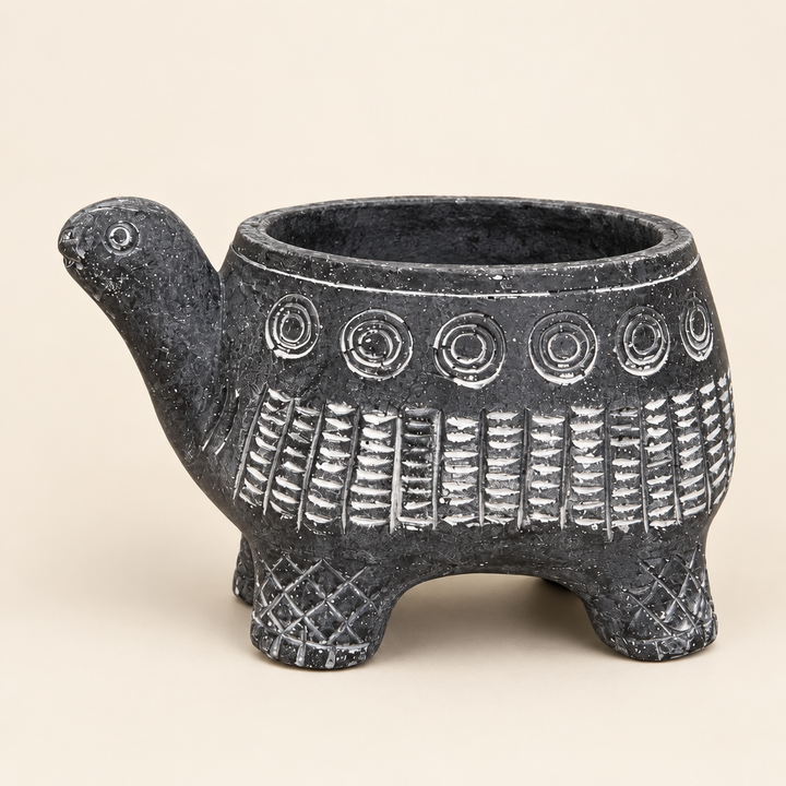 Black cement turtle planter on an ivory studio background