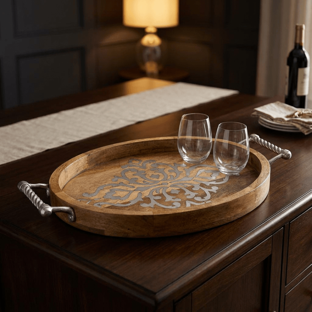 Belvedere mango wood serving tray with silver-tone inlay, styled with two glasses on a dark wood sideboard. Accessories not included.