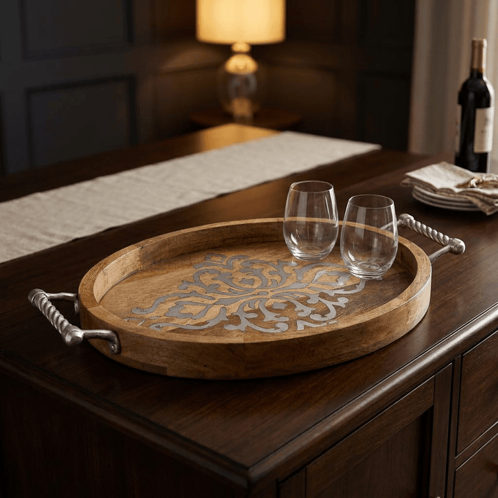 Belvedere mango wood serving tray with silver-tone inlay, styled with two glasses on a dark wood sideboard. Accessories not included.
