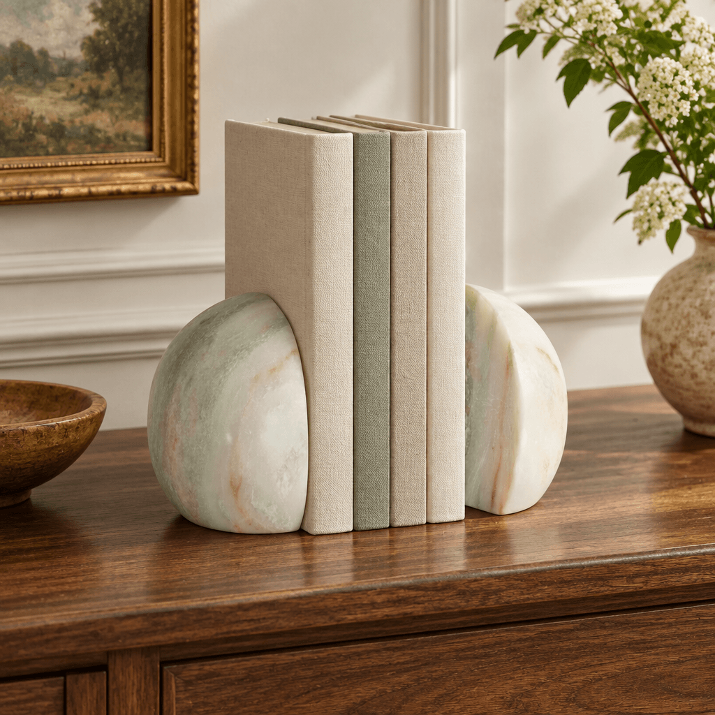 Rounded green and white marble bookends holding linen-bound books on a walnut foyer console.