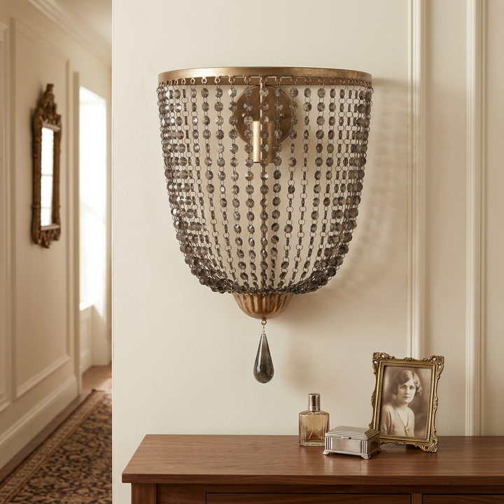 Aurelia antique gold crystal wall sconce styled in a vintage glamour hallway
