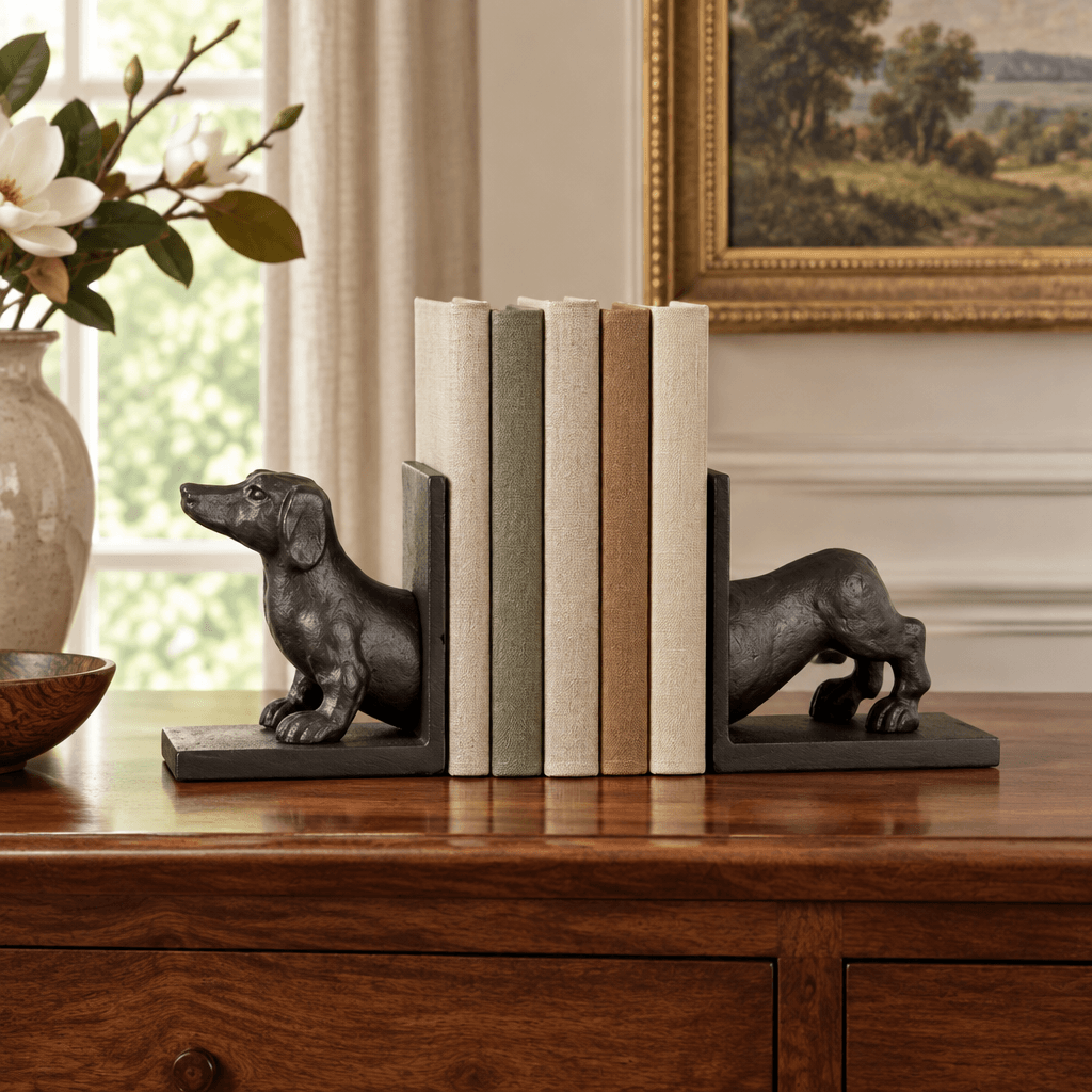 Black bronze split dachshund bookends styled with books on a walnut console.