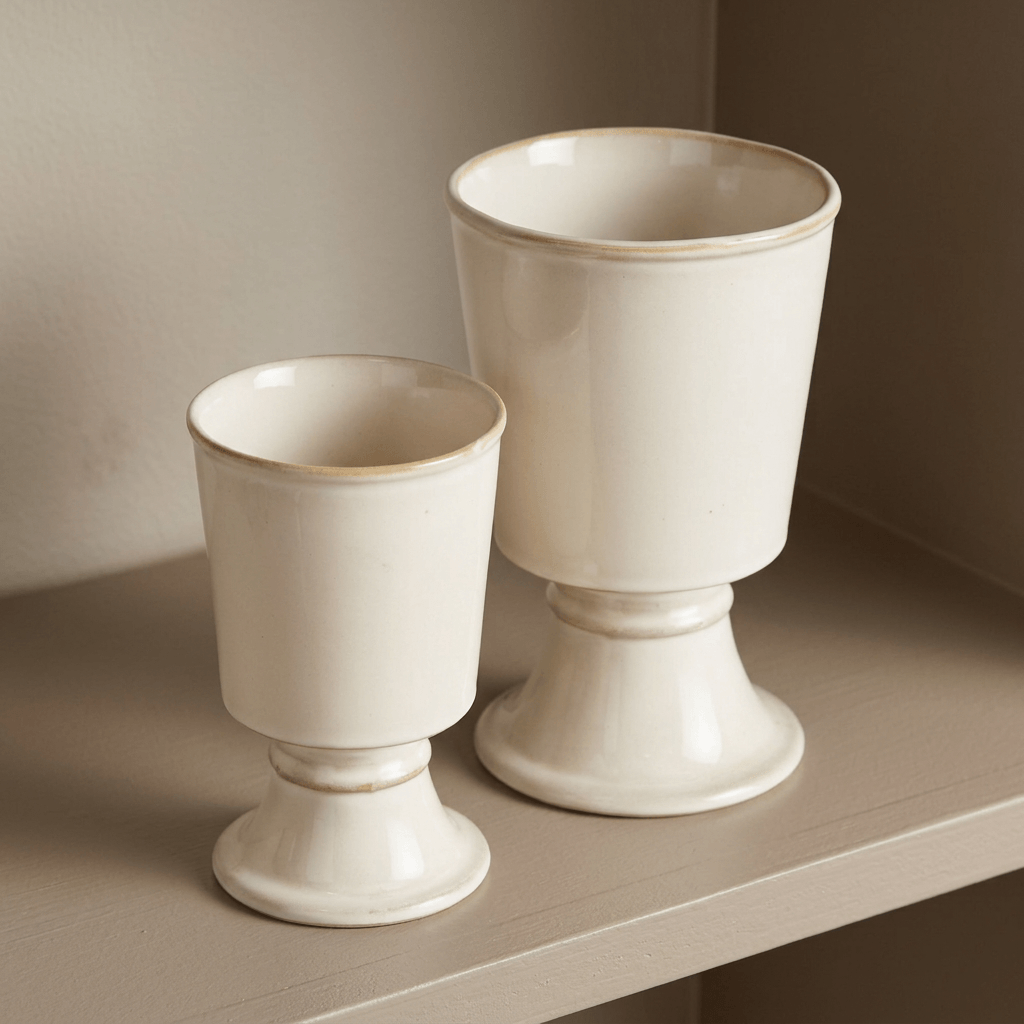 Elevated view of two cream stoneware footed cachepots showing their open interiors, reactive glaze, and pedestal bases.
