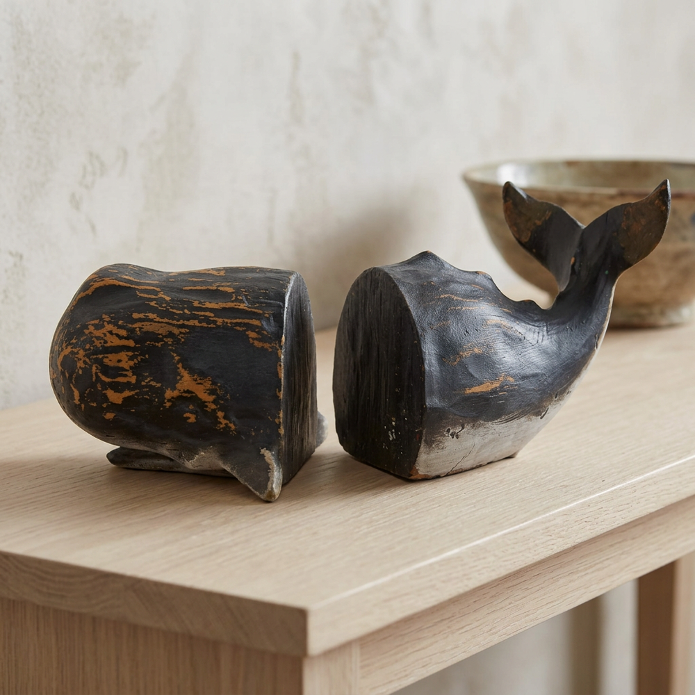Close detail of charcoal distressed finish, warm worn accents, and pale underside on sperm whale bookends