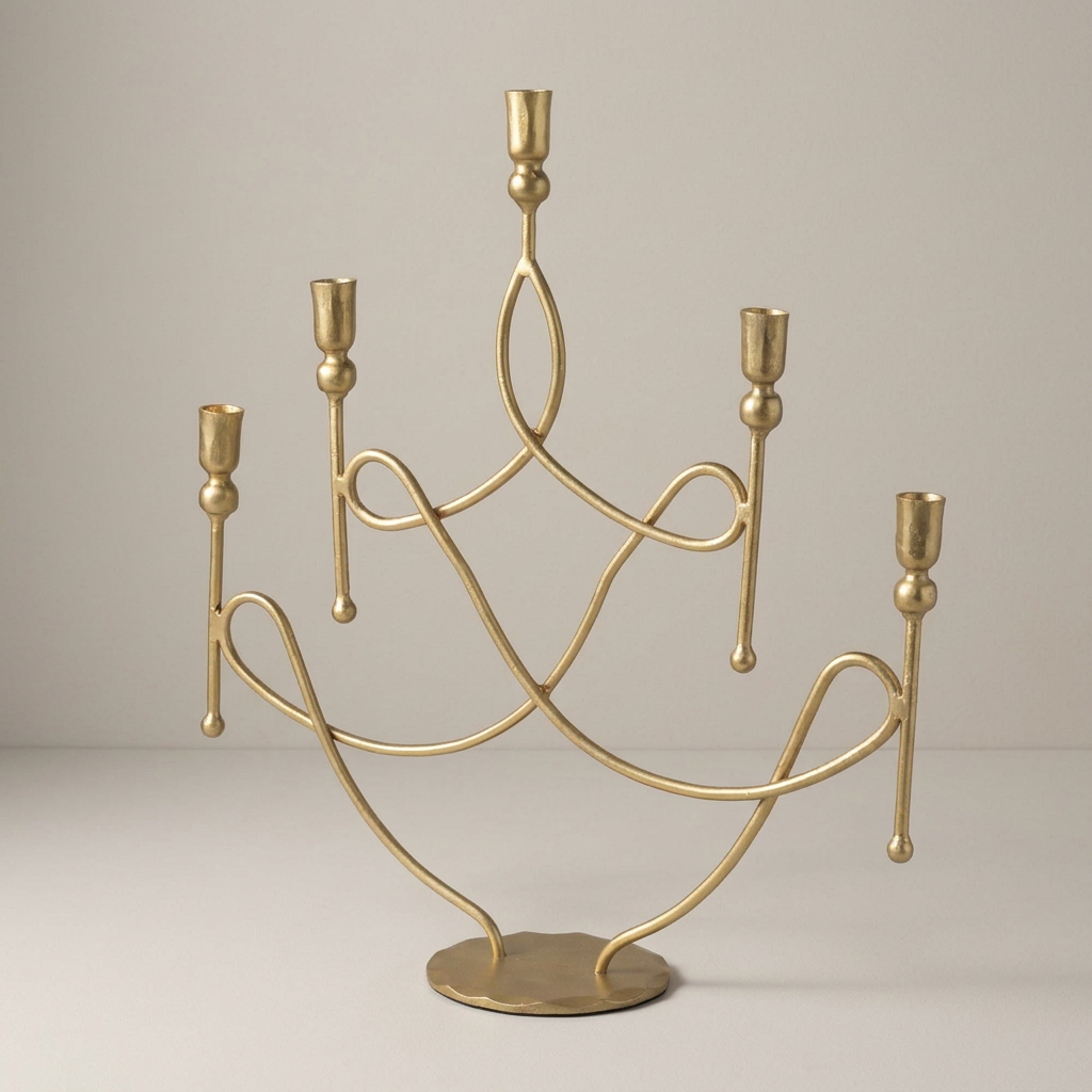 Five-arm antique gold iron candelabra with staggered candle cups against a warm gray studio background.