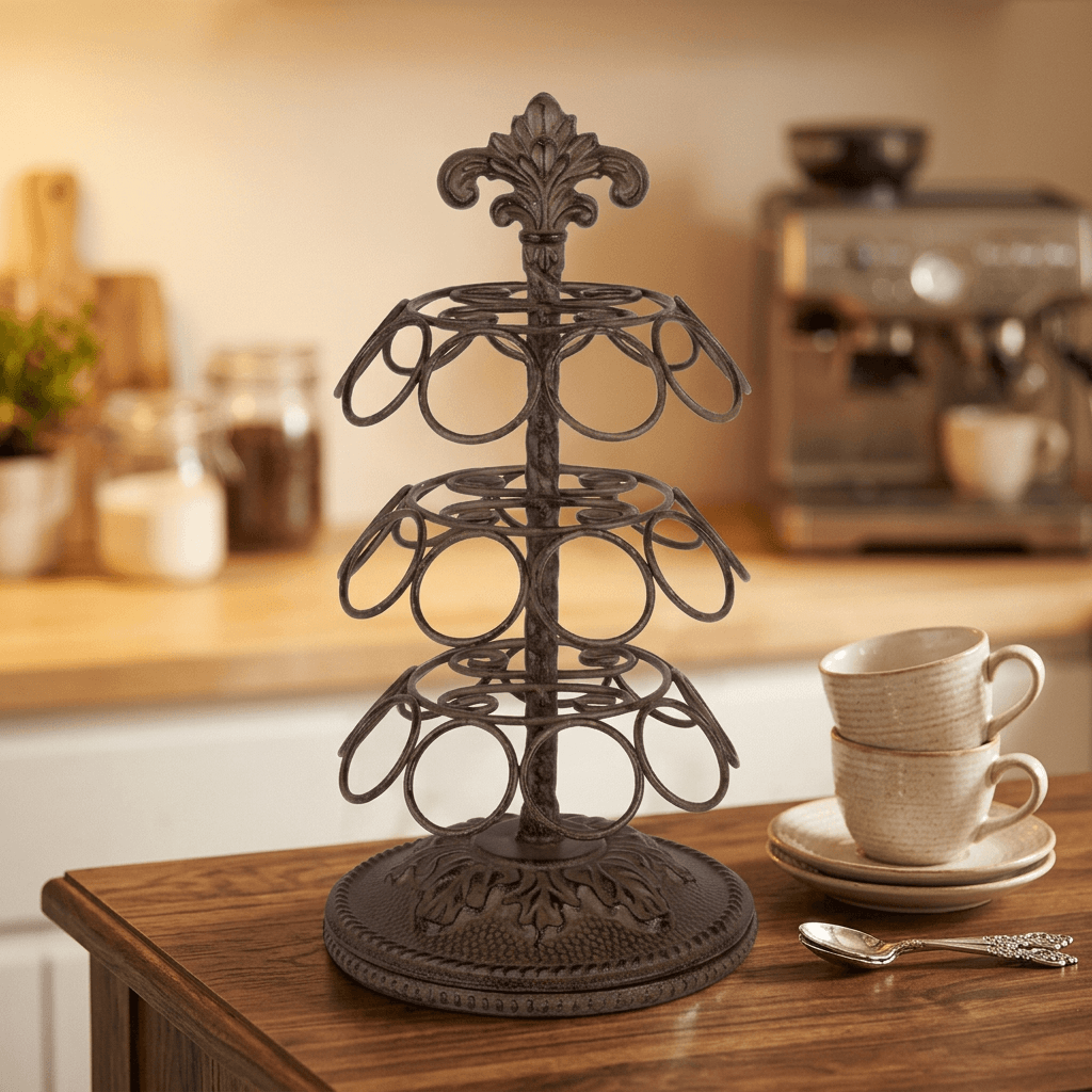 Bellavita Coffee Pod Carousel on a dark wood coffee bar with stacked cream cups and a warm café glow