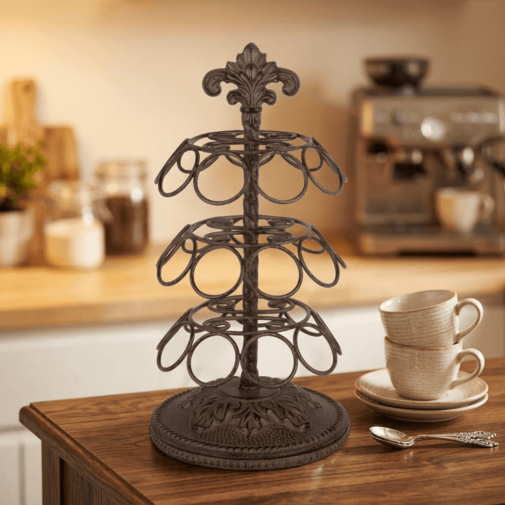 Bellavita Coffee Pod Carousel on a dark wood coffee bar with stacked cream cups and a warm café glow