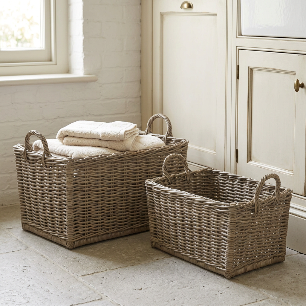Two gray rattan baskets beside cream laundry-room cabinets, with folded towels in the larger basket.