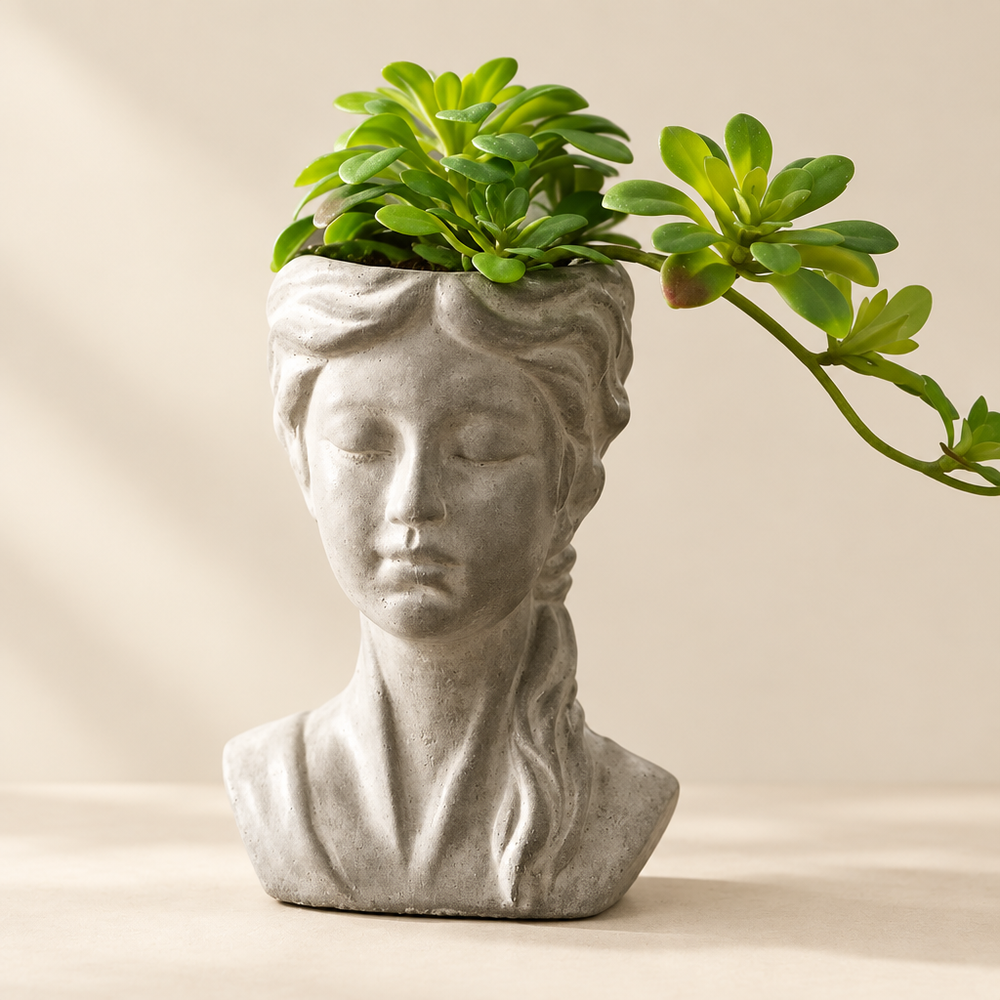Gray cement girl bust planter with braided hair and green succulent foliage against an ivory studio background.