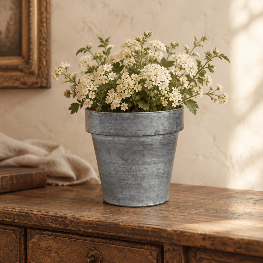 Zinc-finish metal planter styled with cream flowers on an antique wooden console.