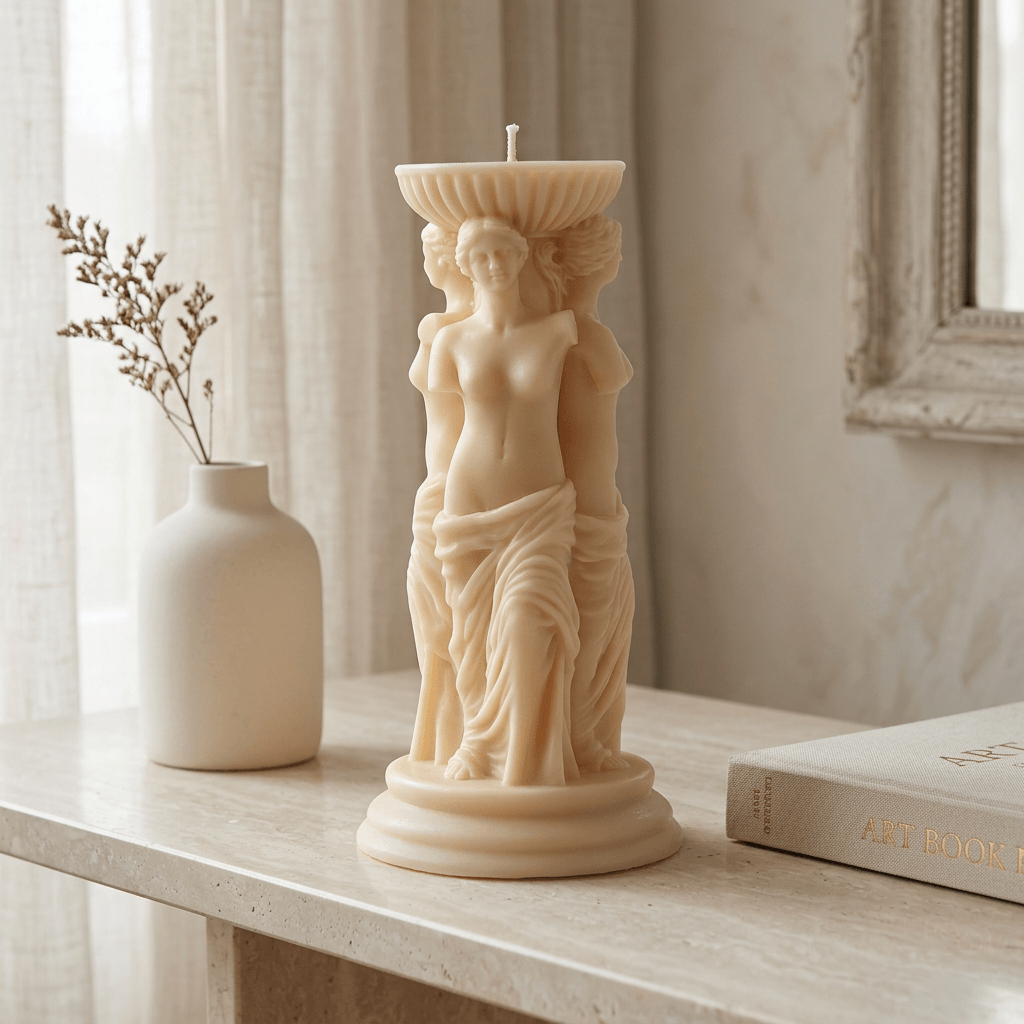Ivory classical goddess trio candle on a pale stone console beside a ceramic vase and art book.