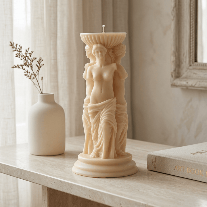 Ivory classical goddess trio candle on a pale stone console beside a ceramic vase and art book.
