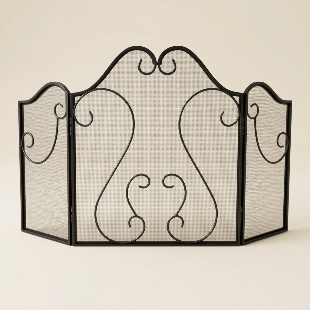 Black three-panel mesh fireplace screen with symmetrical scrollwork on an ivory studio background