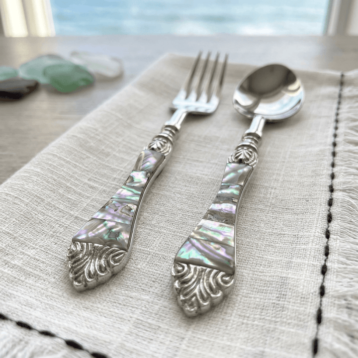 Vintage Coastal Flatware Set with Abalone Inlay Handles (Set of 20)
