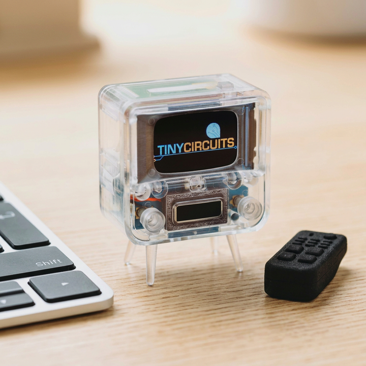 Clear TinyTV 2 miniature television with visible circuitry and included black remote beside a computer keyboard.