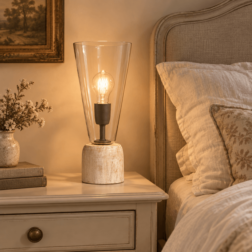 Clear glass and whitewashed wood mini lamp glowing on a cream bedside table beside linen bedding