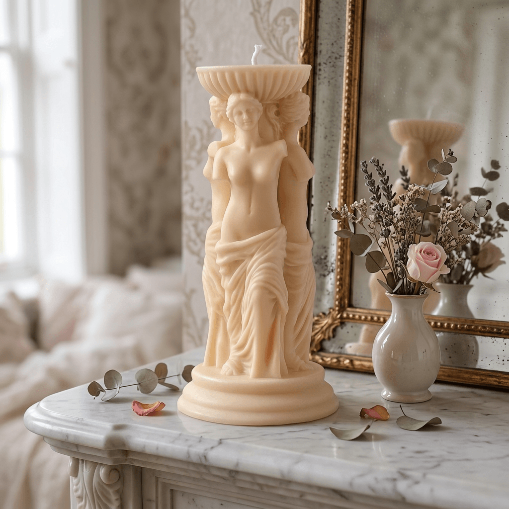 Ivory classical goddess trio soy candle displayed on a marble mantel with an antique mirror and flowers.