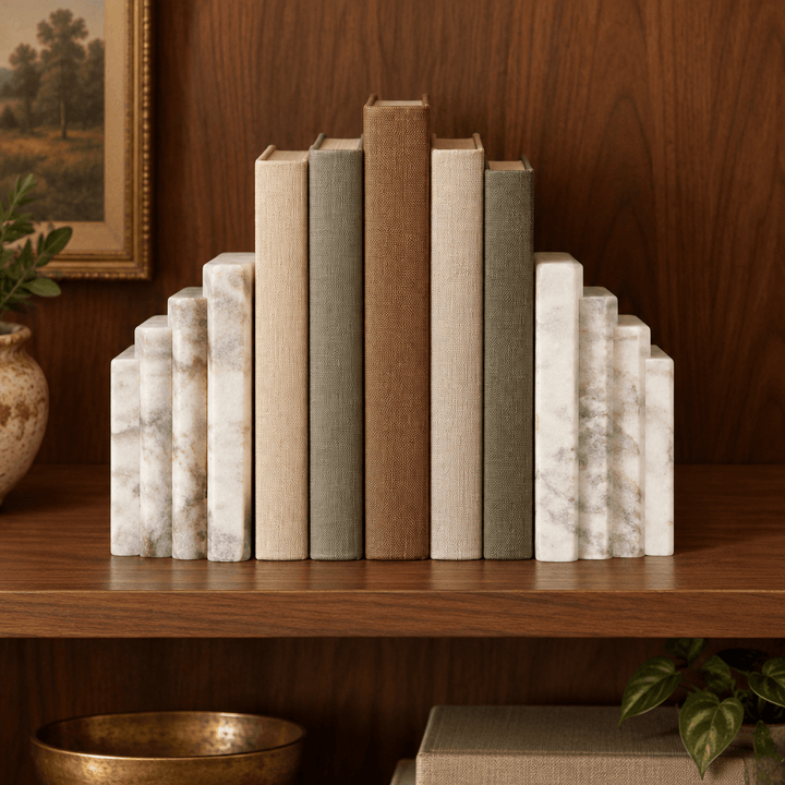Two stepped marble bookends framing linen-bound books on a walnut bookshelf.