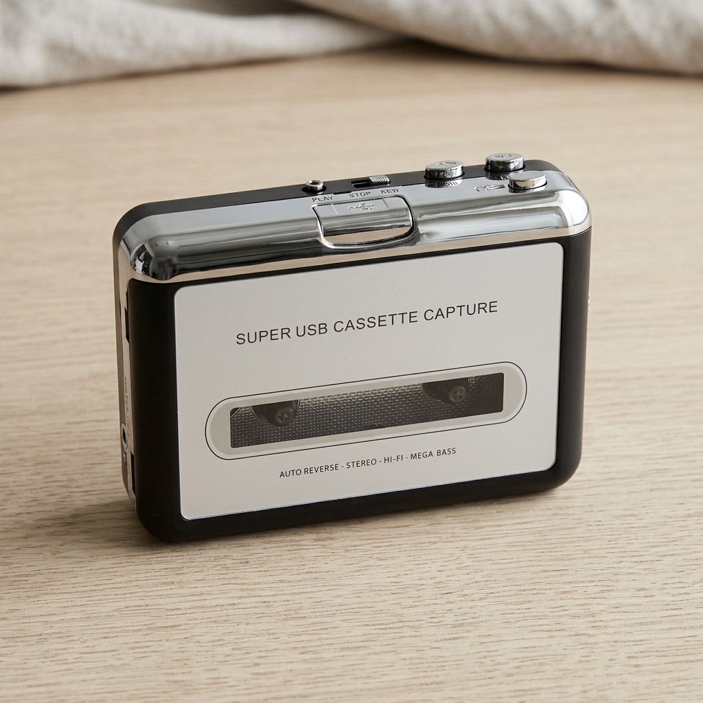 Silver-and-black portable cassette player and MP3 converter photographed from above on a pale oak tabletop.