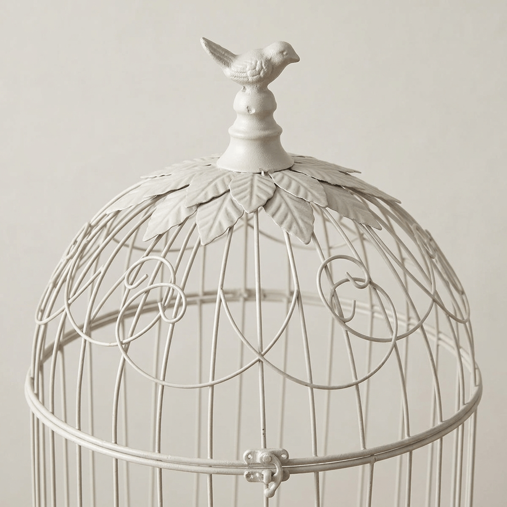 Close view of a songbird finial and curved wire dome on a soft-white iron birdcage planter.