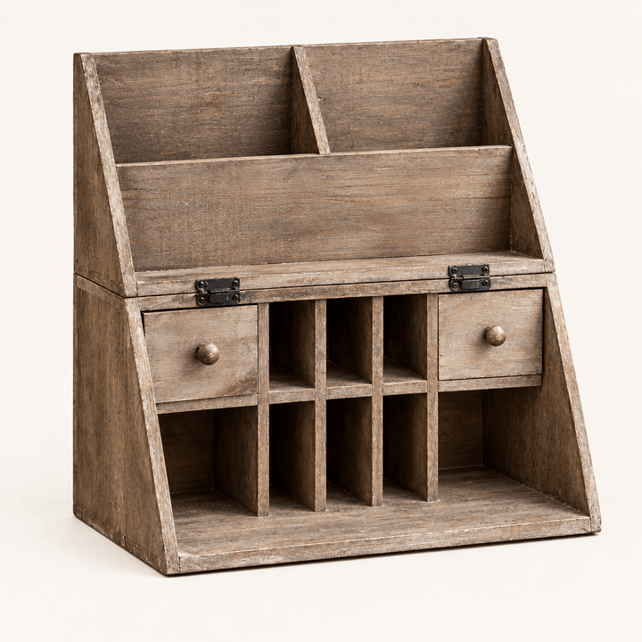 Empty Recycled Wood Folding Desk Caddy showing letter slots compartments and two drawers