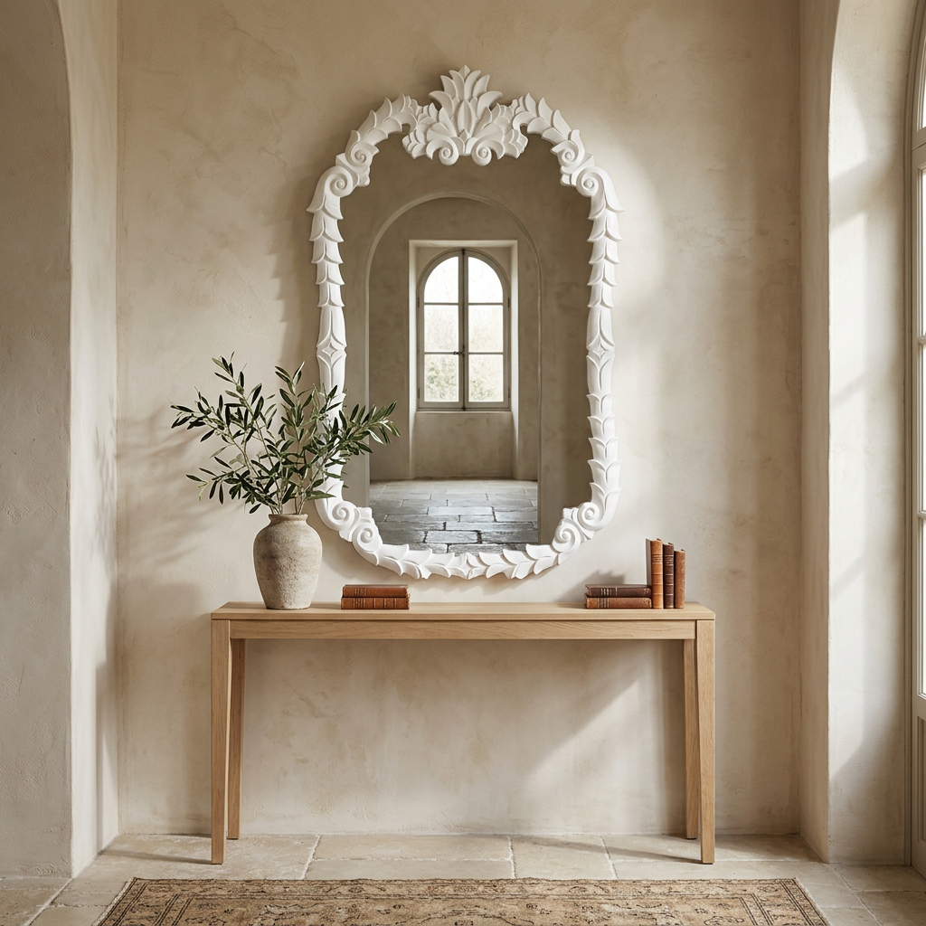 White Colette carved wood wall mirror styled above an oak console in a French-inspired entryway.