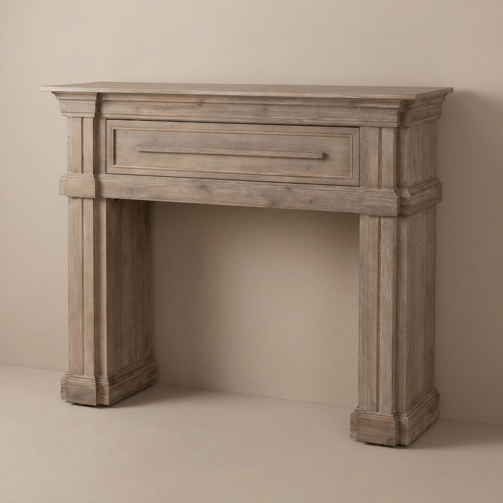 Driftwood decorative mantel with classical pilasters and a closed storage panel, shown with an empty opening.