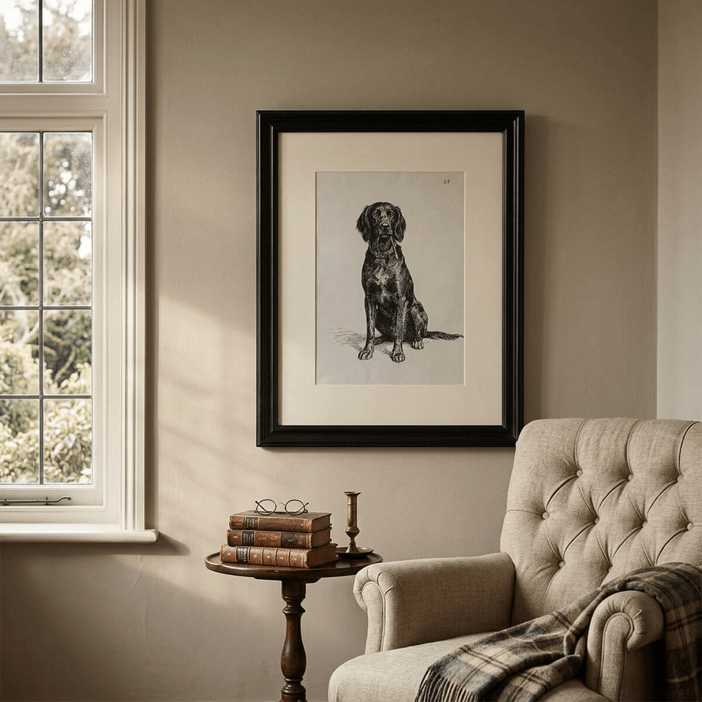 Faithful Companion Framed Dog Portrait displayed beside a linen reading chair in a traditional reading corner.