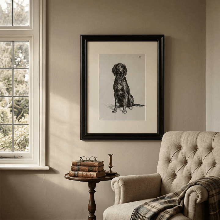 Faithful Companion Framed Dog Portrait displayed beside a linen reading chair in a traditional reading corner.
