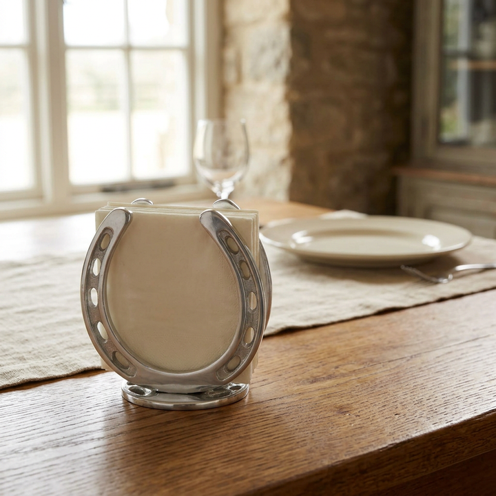 Silver horseshoe napkin holder with cream napkins on an oak dining table styled with a linen runner.