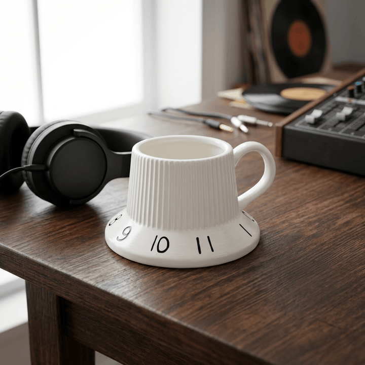 White guitar tone knob ceramic mug beside headphones on a wood home studio desk.