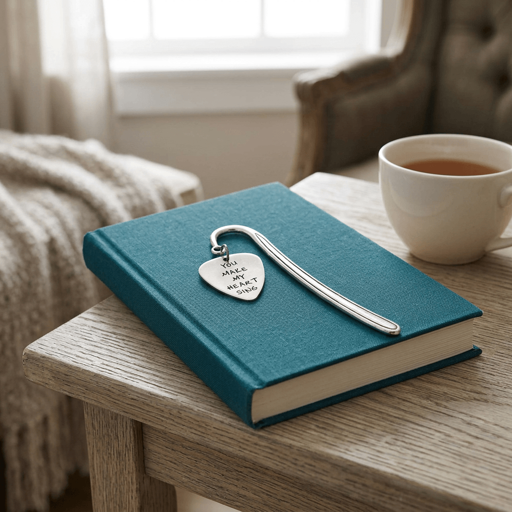 Silver-tone guitar-pick charm bookmark styled with a clothbound book and tea cup in a reading nook.