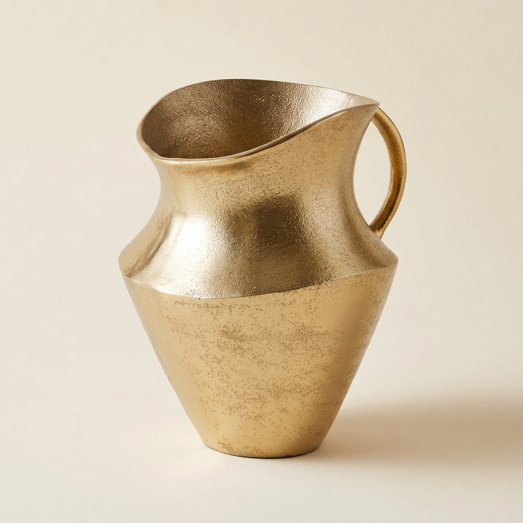 Gold cast aluminum decorative pitcher with an asymmetrical rim and curved handle on an ivory background.