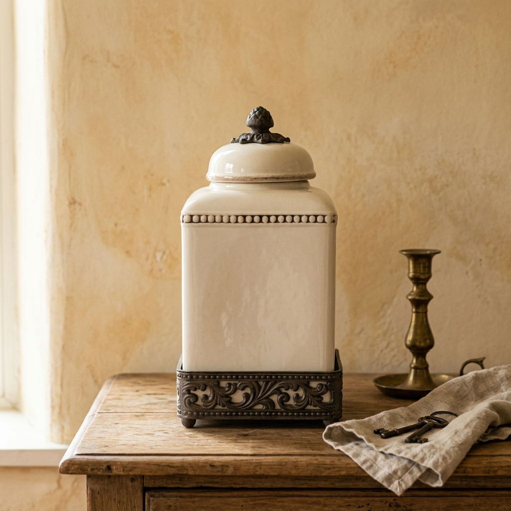 Bellavita cream lidded canister styled on a wood sideboard in warm natural light.