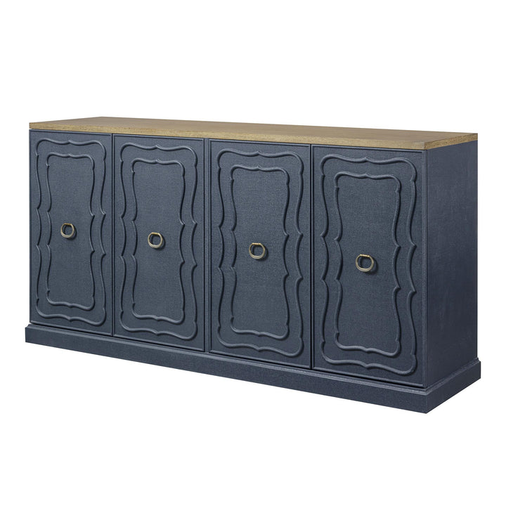 Angled front view of the indigo faux raffia buffet with four decorative doors and a wood-toned top.