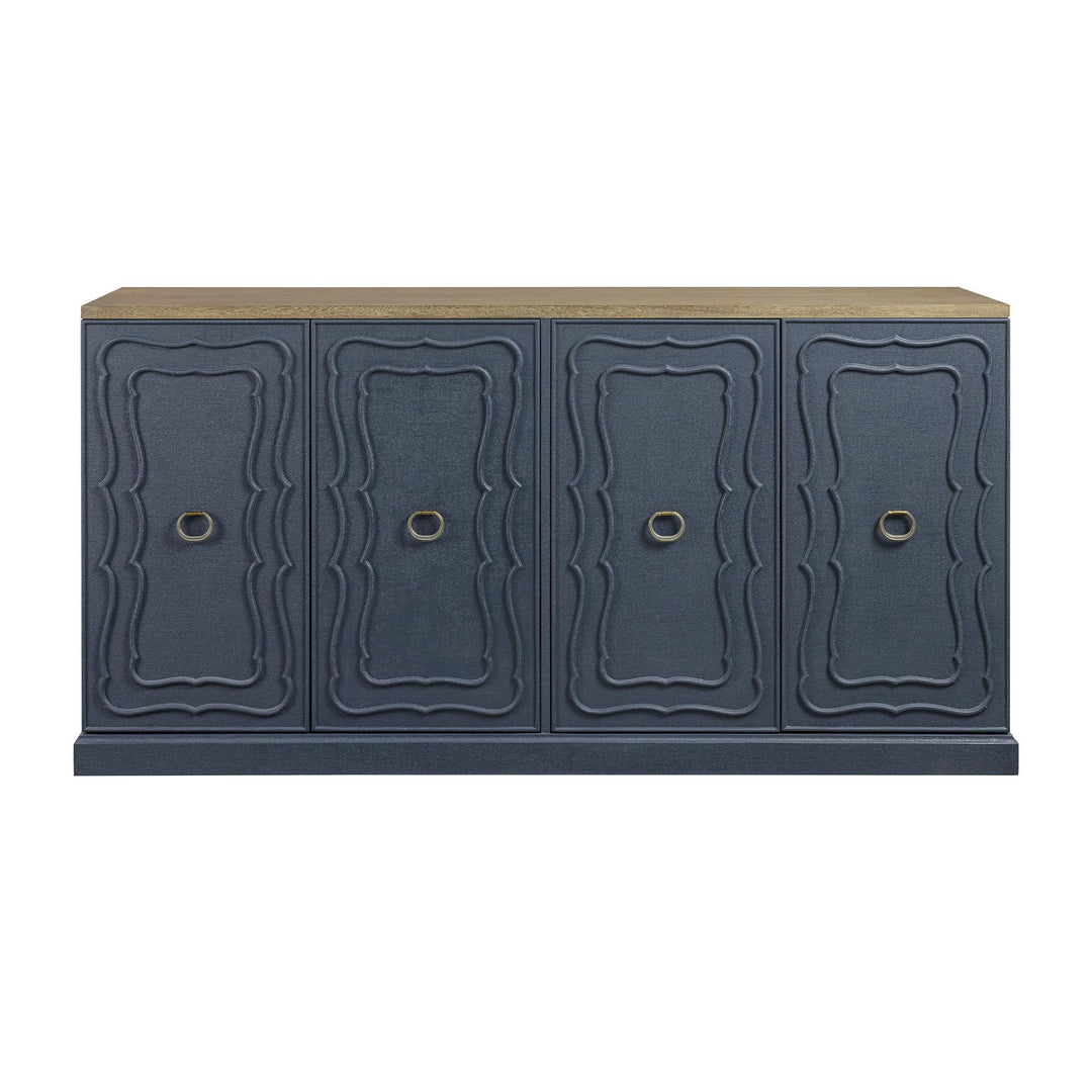 Straight-on view of the blue buffet showing four outlined doors and ring pulls.