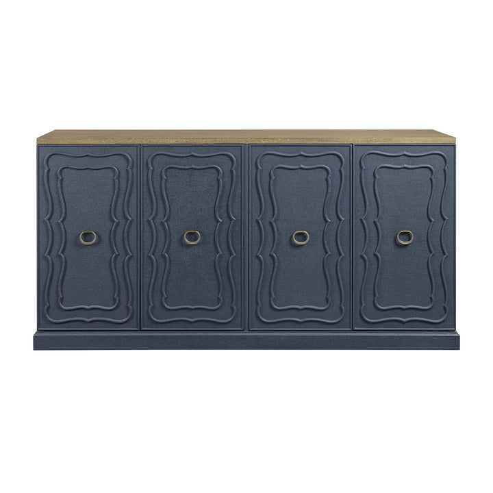 Straight-on view of the blue buffet showing four outlined doors and ring pulls.