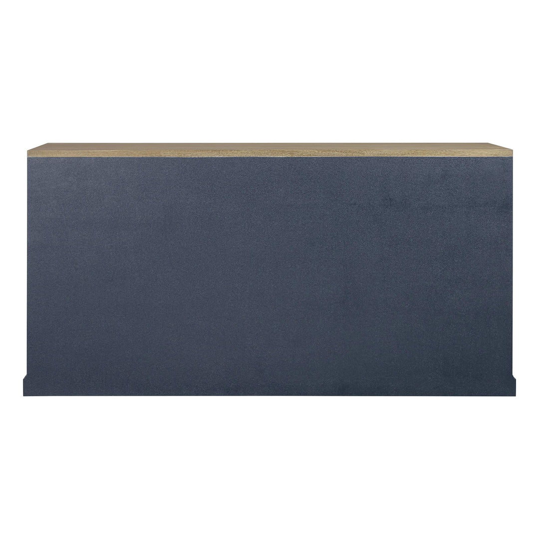 Rear view of the indigo buffet beneath its contrasting wood-toned top.