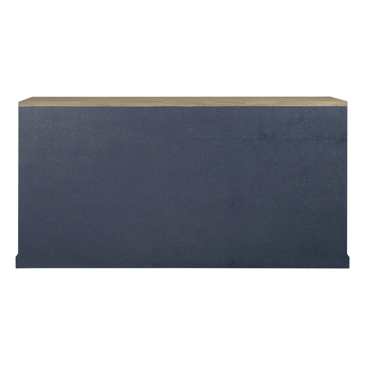 Rear view of the indigo buffet beneath its contrasting wood-toned top.