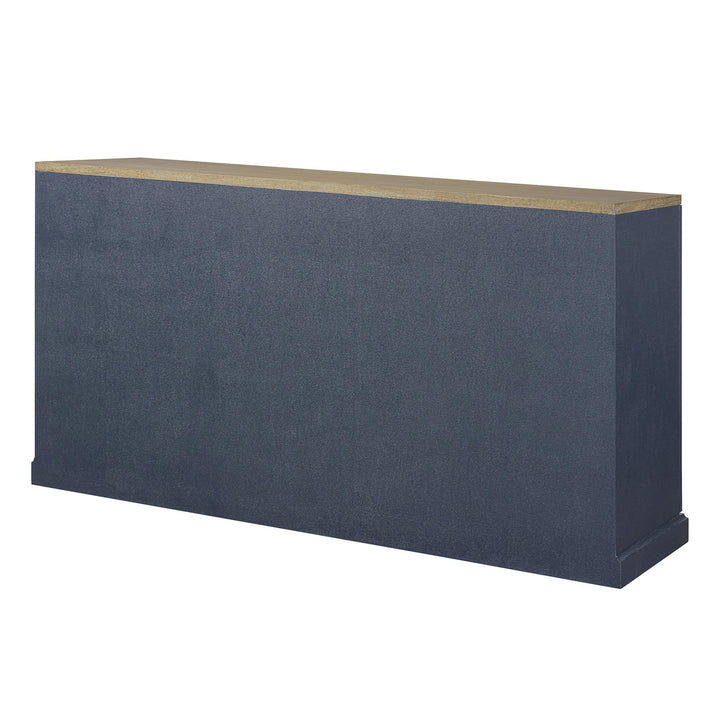 Rear three-quarter view showing the blue textured finish and rectangular silhouette.